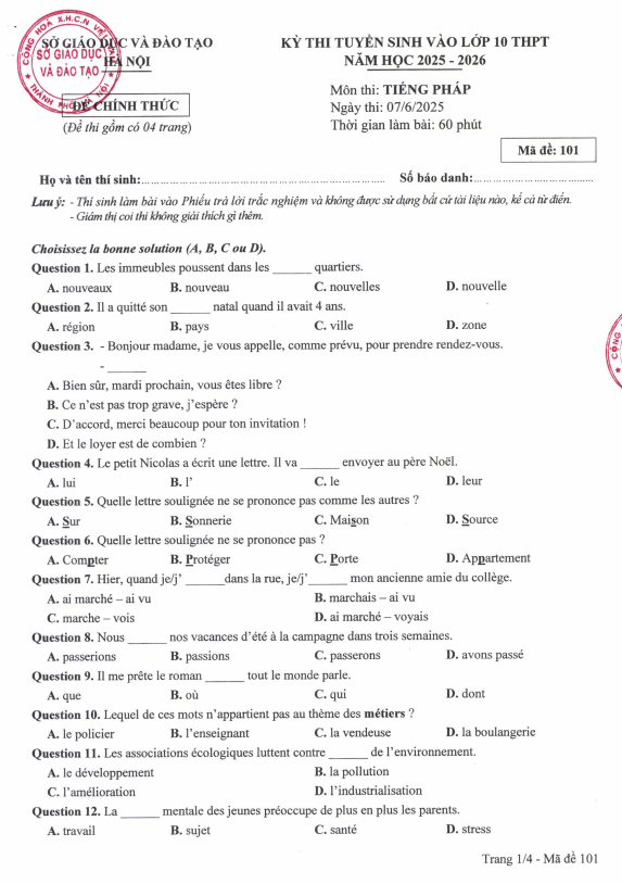 Sở GD&ĐT Hà Nội công bố đề, đáp án bài thi vào lớp 10 năm học 2025-2026