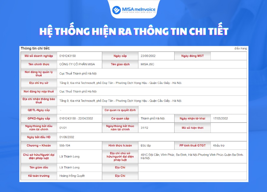 hệ thống hiển thị thông tin chi tiết