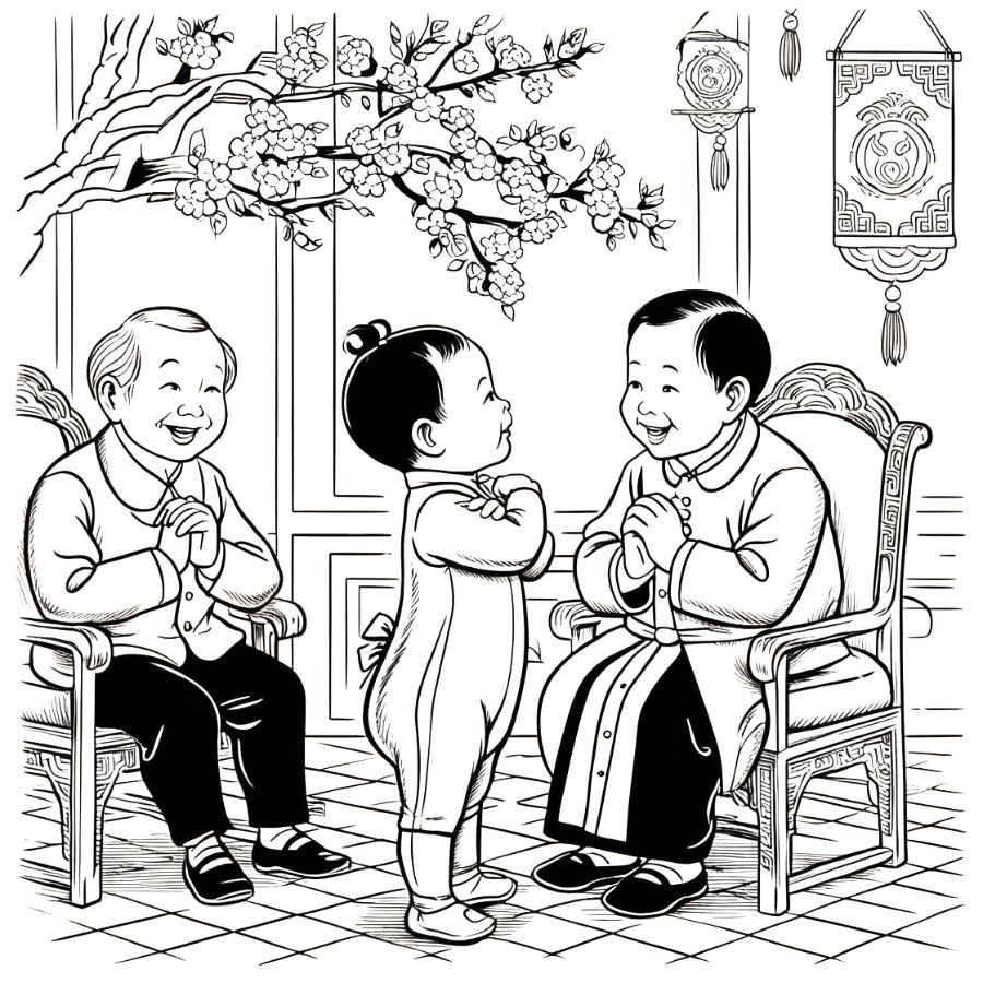 Tranh tô màu bé chúc Tết ông bà- Mẫu 3