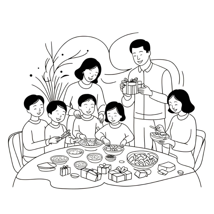 Tranh tô màu cho bé gia đình ngày Tết - Mẫu 1