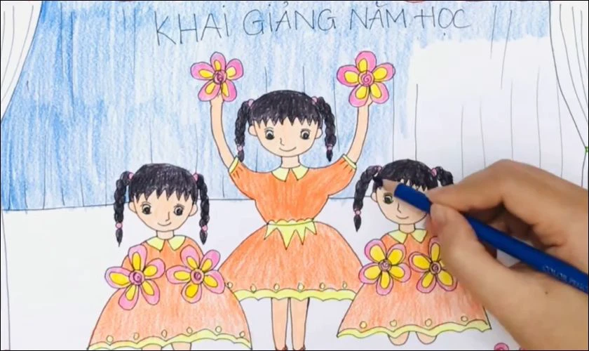 Các bước vẽ tranh ngày khai giảng đơn giản
