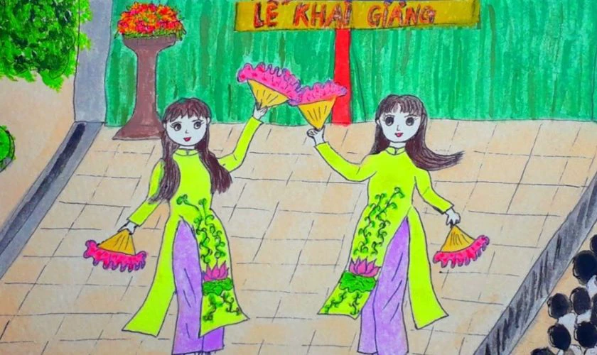 Mẫu tranh vẽ ngày khai giảng đơn giản