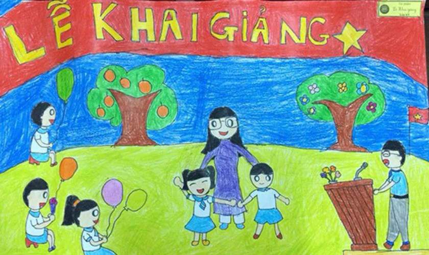 Mẫu tranh ngày khai giảng đơn giản mà đẹp