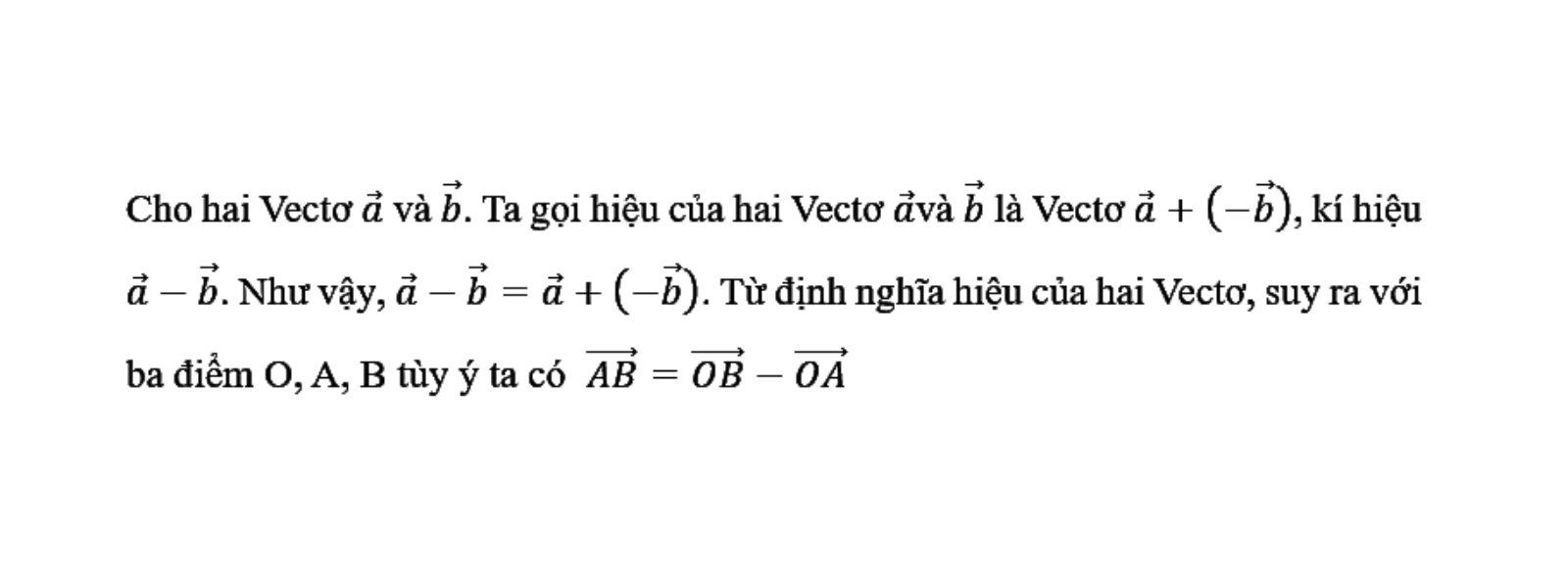 Định nghĩa hiệu của hai Vectơ