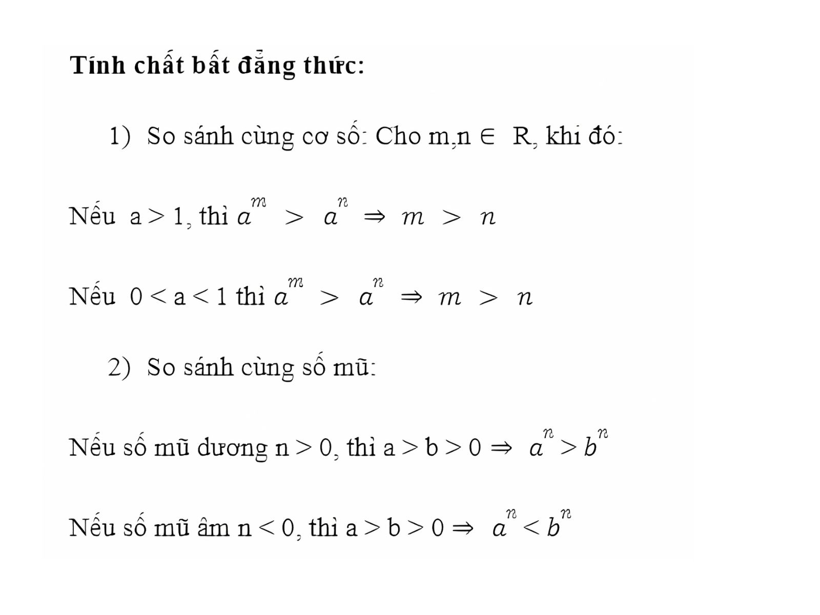 Tính chất của luỹ thừa: Tính chất bất đẳng thức