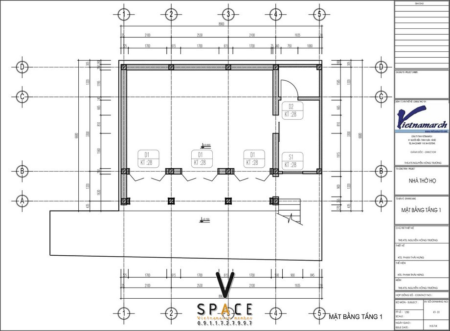 Bản vẽ mặt bằng tầng 1 của dự án nhà thờ họ 2 tầng 3 gian 2 mái