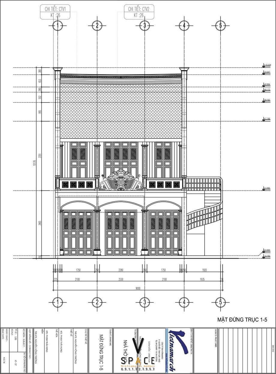 Bản vẽ mặt đứng của dự án nhà thờ họ 2 tầng 3 gian 2 mái