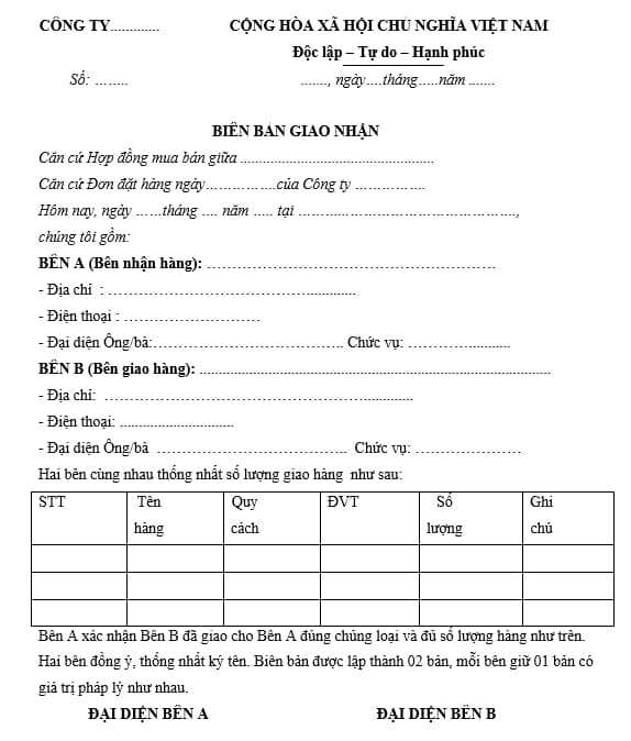 Biên bản giao nhận hàng hóa