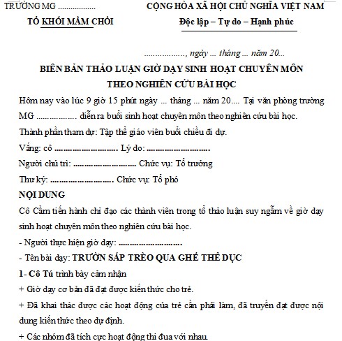 Biên bản sinh hoạt chuyên môn theo nghiên cứu bài học ở Tiểu học