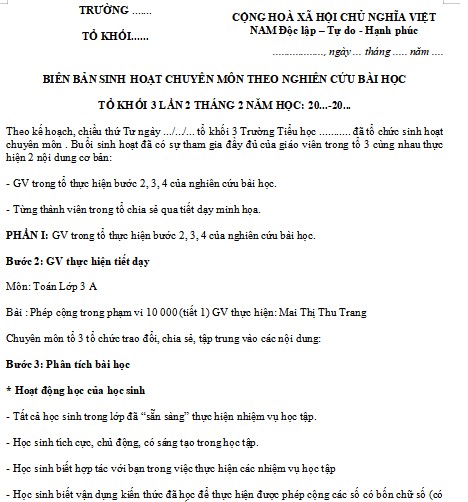 Biên bản sinh hoạt chuyên môn theo nghiên cứu bài học THCS tổ tự nhiên