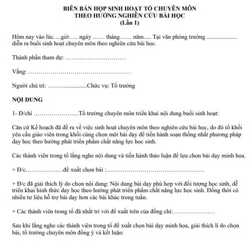 Biên bản sinh hoạt chuyên môn theo nghiên cứu bài học