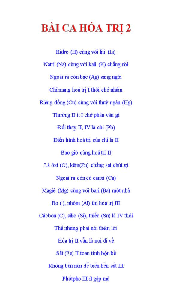 Bài ca hoá trị - bảng tuần hoàn hoá học
