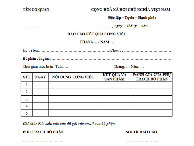 Mẫu báo cáo công việc hàng tháng