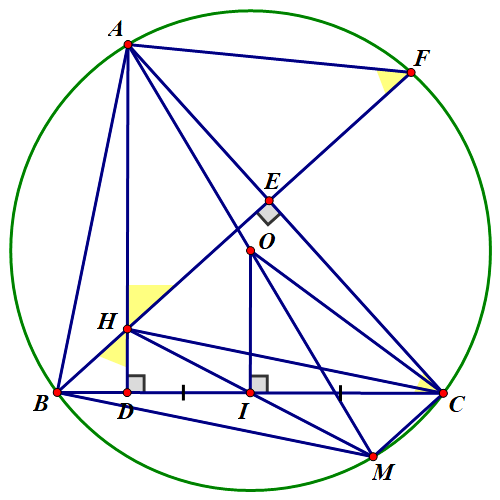 Cho đường tròn ( O ) , bán kính R ( R > 0 ) và dây cung B C cố định. Một điểm A chuyển động trên cung lớn B C sao cho tam giác A B C có ba góc nhọn. Kẻ các đường cao A D , B E của tam giác A B C cắt nhau tại H và B E cắt đường tròn ( O ) tại F ( F khác B ) . (ảnh 1)