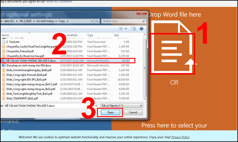 Nhấn vào biểu tượng mũi tên để chọn nguồn tải file Word lên