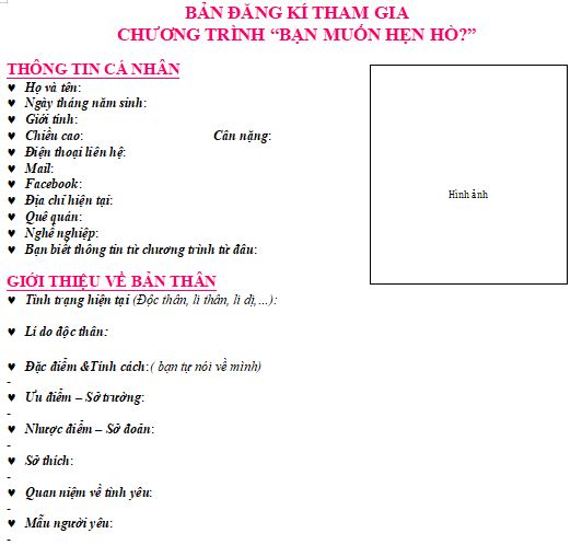Mẫu đơn đăng ký tham gia chương trình Bạn muốn hẹn hò