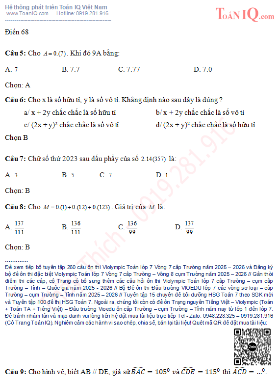 Violympic Toán lớp 7 Vòng 7 cấp Trường năm 2025 - 2026 có đáp án