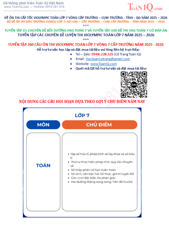 Tuyển tập 260 câu ôn thi Violympic Toán lớp 7 Vòng 7 cấp Trường năm 2025 - 2026