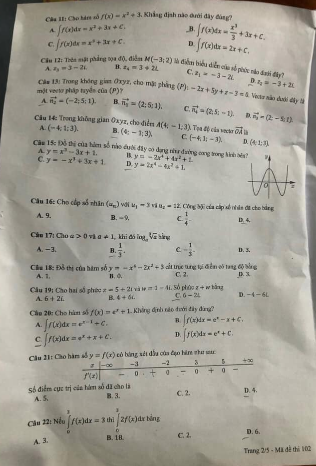 Đề thi thpt quốc gia 2021 môn toán mã đề 102