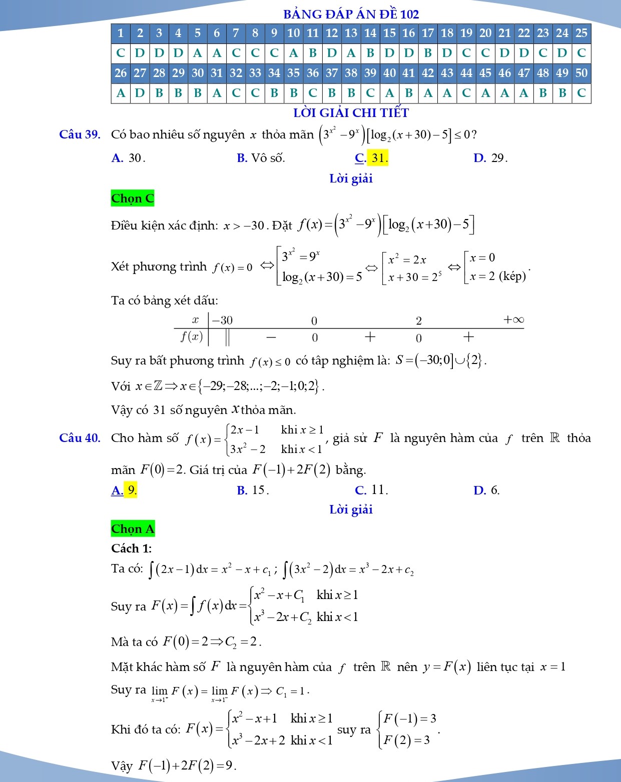 Đáp án toán thpt quốc gia 2021 mã đề 102