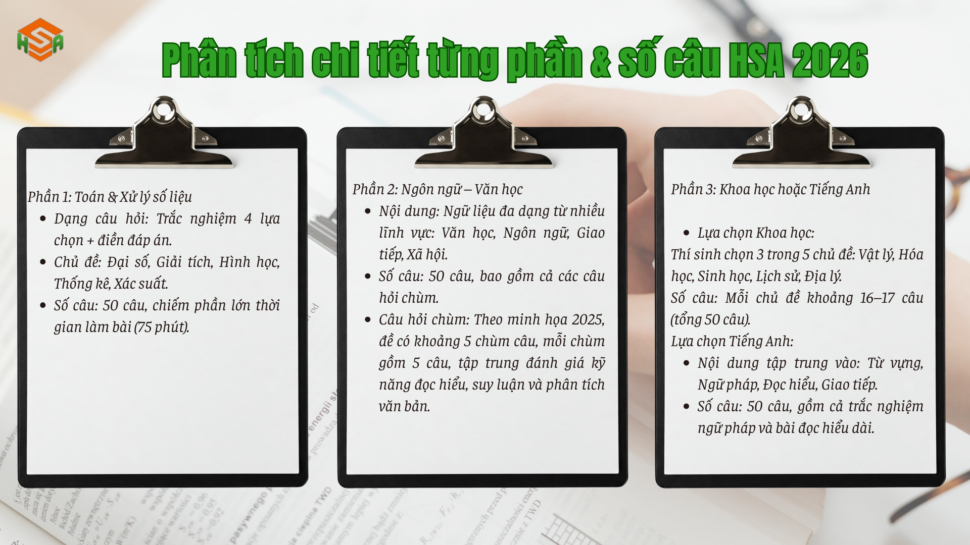 Phân tích chi tiết từng phần & số câu HSA 2026