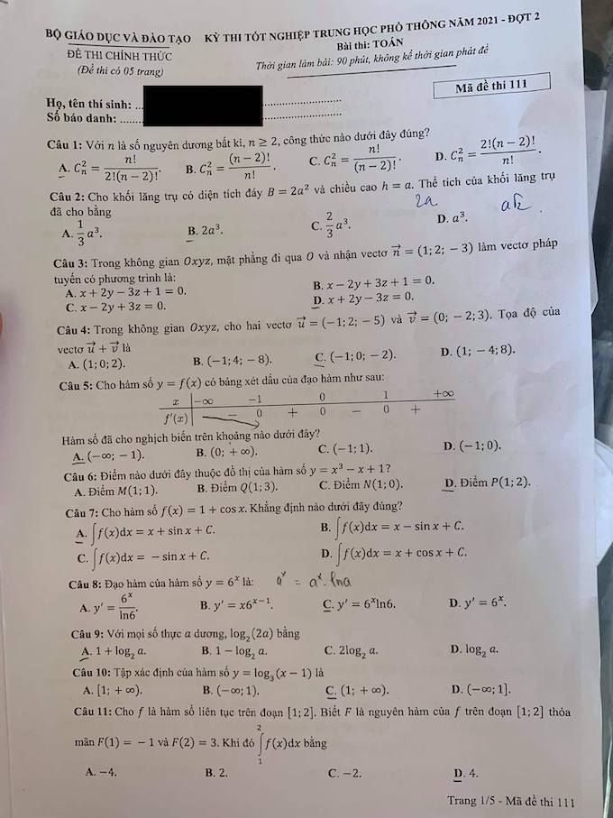 Đáp án đề thi môn Toán mã đề 123 tốt nghiệp THPT Quốc Gia năm 2021 đợt 2 - Ảnh 1