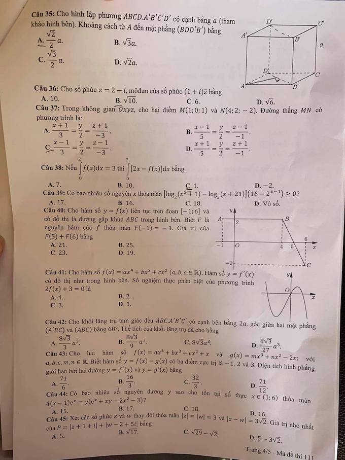 Đáp án đề thi môn Toán mã đề 123 tốt nghiệp THPT Quốc Gia năm 2021 đợt 2 - Ảnh 3