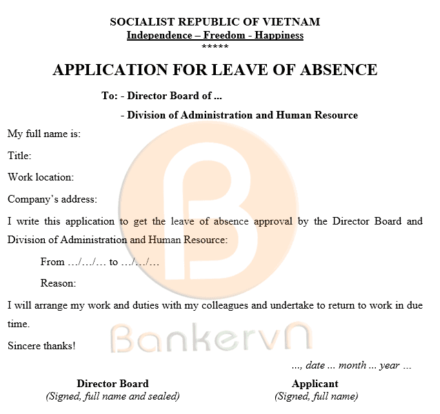 mẫu đơn xin nghỉ phép bằng tiếng Anh 02
