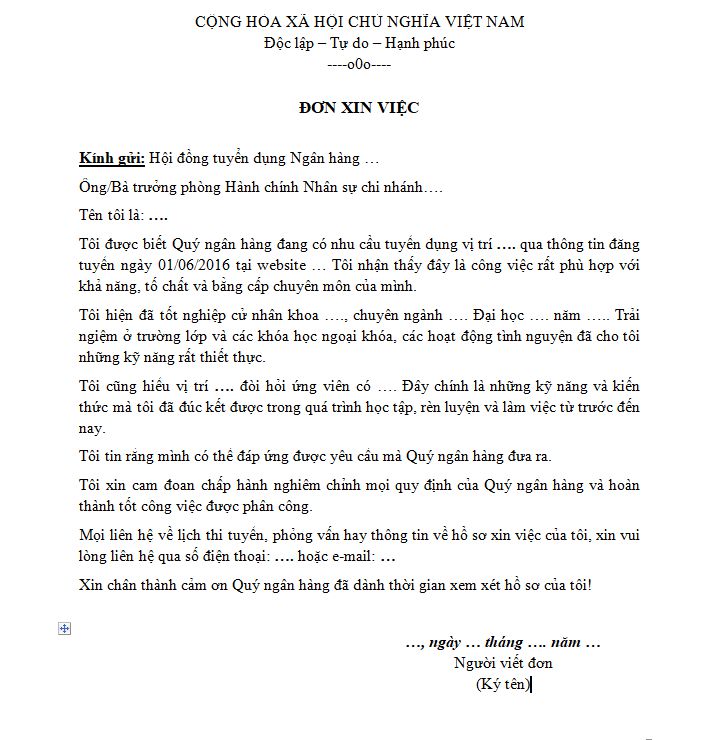 Mẫu đơn xin việc viết tay ngành Ngân hàng