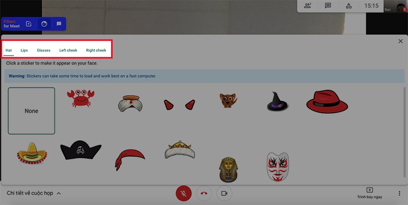 Nhấn vào sticker mà bạn muốn dùng. Tại đây, sẽ có nhiều dạng sticker để bạn dễ dàng lựa chọn như nón, môi, kính,...