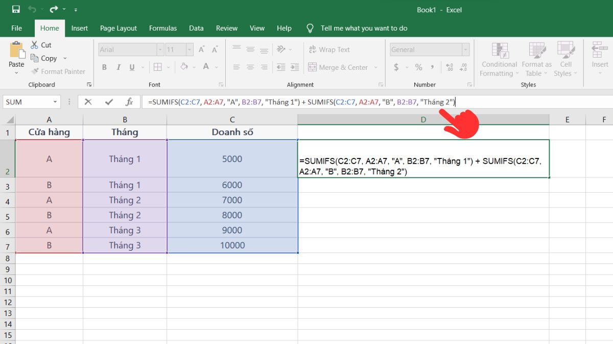 Cách dùng hàm SUMIFS nhiều điều kiện bước 1