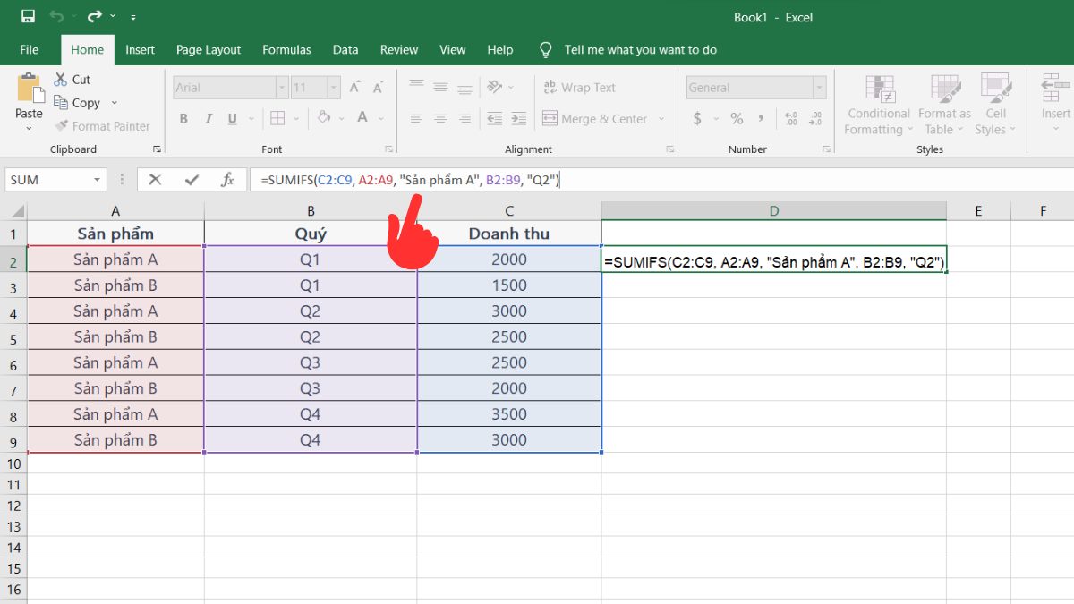 Hướng dẫn cách dùng hàm SUMIFS trong Excel bước 1