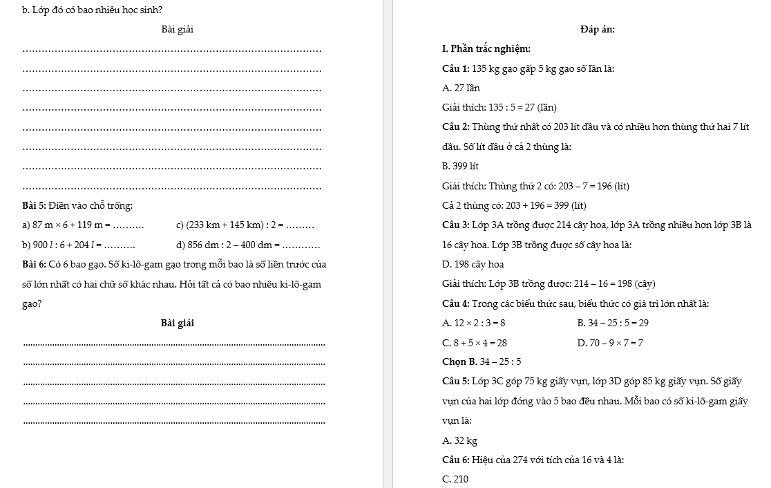 Bài tập cuối tuần lớp 3 môn Toán sách KNTT Tuần 17