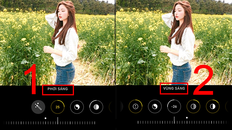 Kéo thanh điều chỉnh Phơi sáng và Vùng sáng