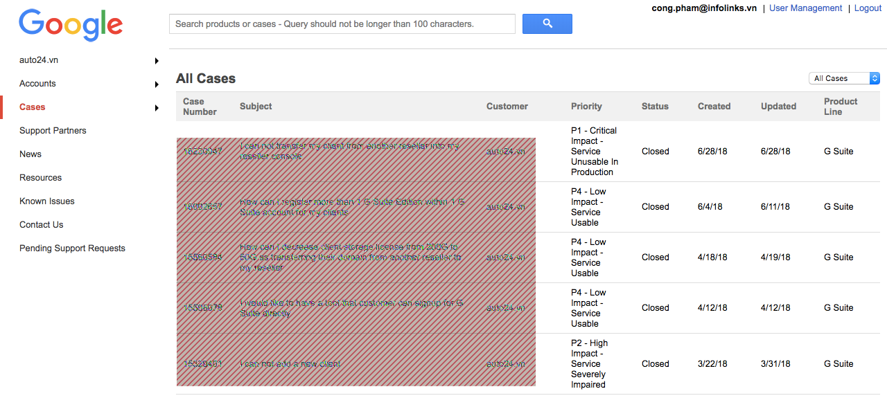 Trang quản lý Ticket gửi liên hệ hỗ trợ với Google