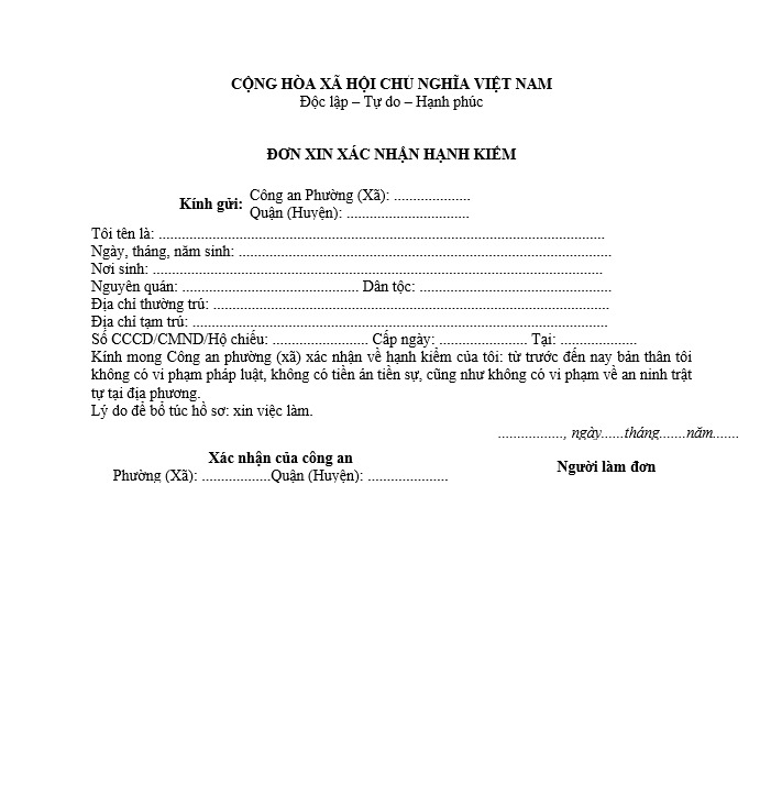 Mẫu đơn xin giấy xác nhận hạnh kiểm mới nhất 2025