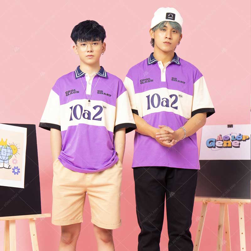 Mẫu áo lớp Gene màu tím 10A2 phá cách với slogan tiếng anh Born to shine"