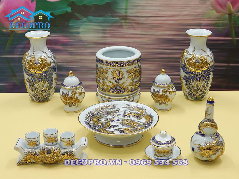 Bộ đồ thờ Bà Cô Ông Mãnh đắp nổi vẽ vàng sang trọng DT-BT3.1