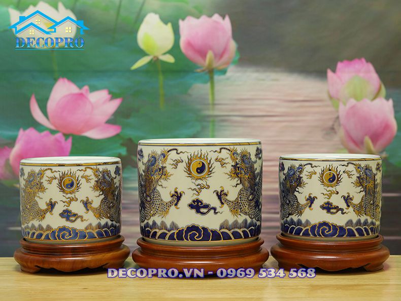 Bát hương Bát Tràng vẽ vàng họa tiết rồng 4 móng (Mã sản phẩm DT501)