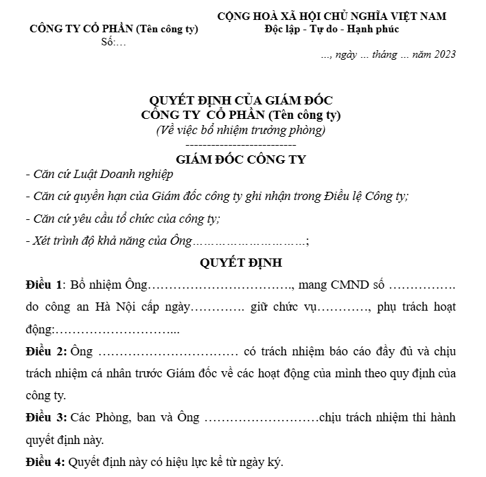 10 mẫu quyết định bổ nhiệm 2026 cho mọi chức vụ