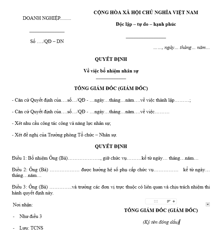10 mẫu quyết định bổ nhiệm 2026 cho mọi chức vụ