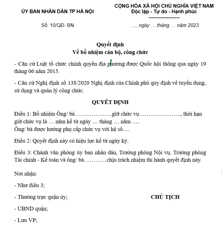 10 mẫu quyết định bổ nhiệm 2026 cho mọi chức vụ