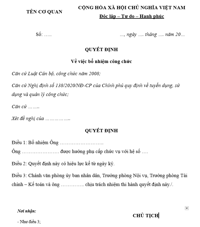 10 mẫu quyết định bổ nhiệm 2026 cho mọi chức vụ