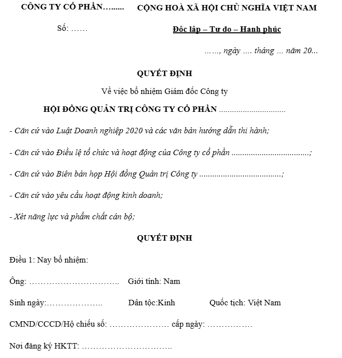10 mẫu quyết định bổ nhiệm 2026 cho mọi chức vụ
