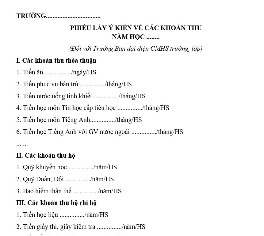 Mẫu phiếu lấy ý kiến về các khoản thu