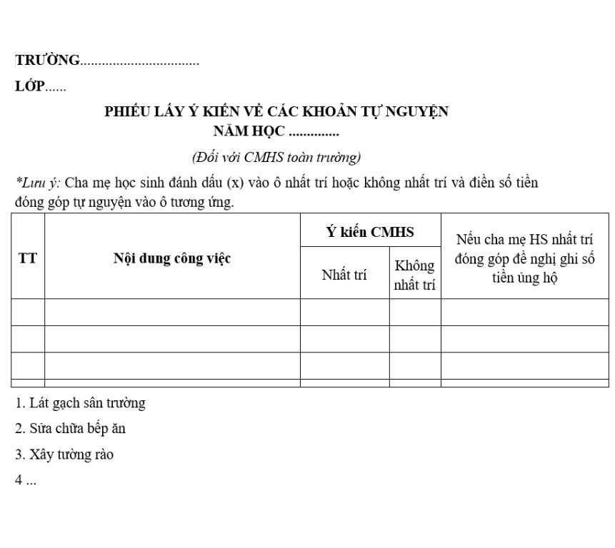 Mẫu phiếu lấy ý kiến về các khoản tự nguyện