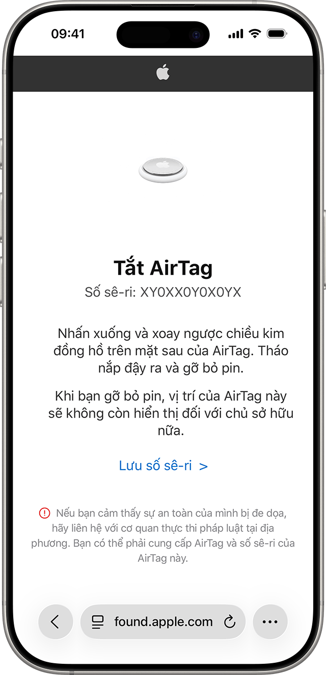 Màn hình iPhone hiển thị trang web Safari có hướng dẫn tắt AirTag bằng cách tháo pin.