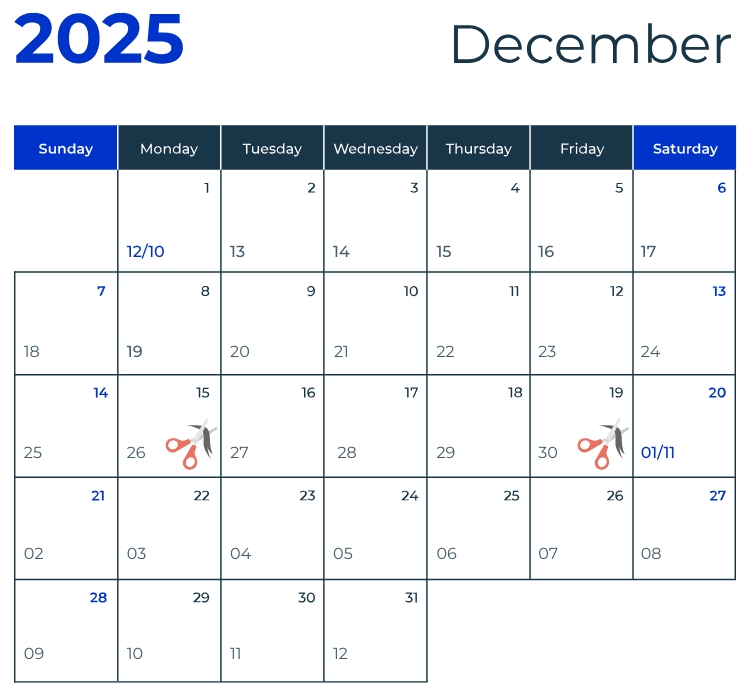 Lịch cắt tóc Tháng 12 tuần thứ 3