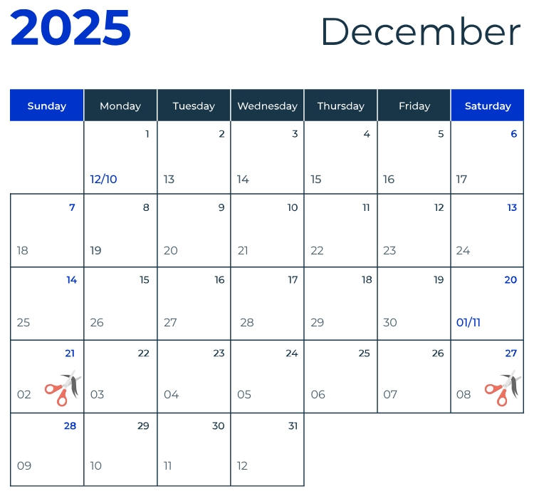 Lịch cắt tóc Tháng 12 tuần thứ 4