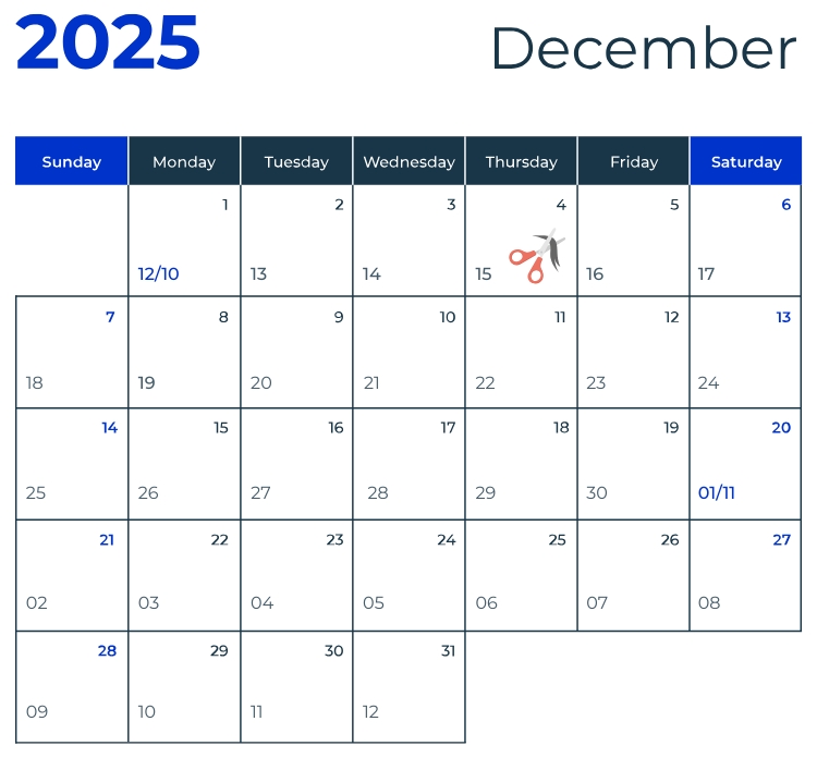 Lịch cắt tóc Tháng 12 tuần thứ nhất